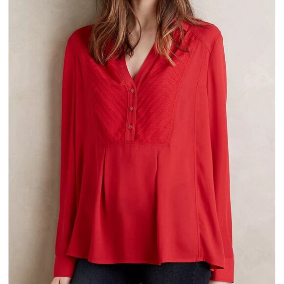 Anthropologie Maeve Blouse Womens 4 De Stijl Red Button Front Chevron Tunic - Picture 1 of 7